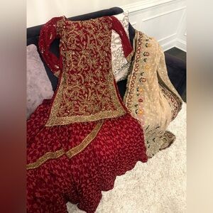 Red Embroidered Dress with Beige Dupatta. Pakistani Indian Bridal Sharara